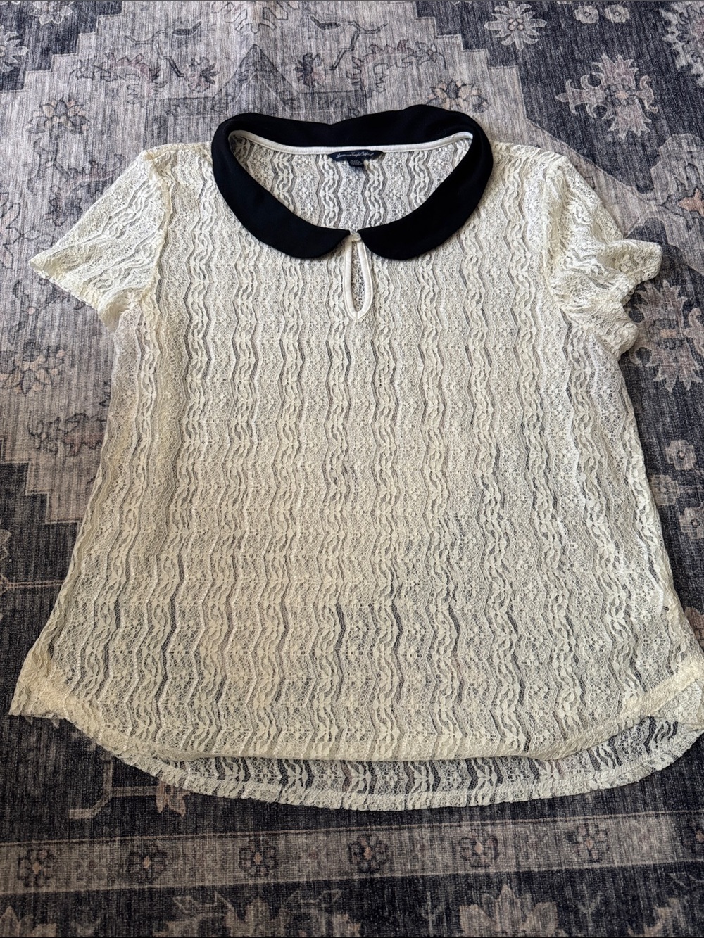 American Eagle Outfitters Cream Lace Blouse with Black Peter Pan Collar